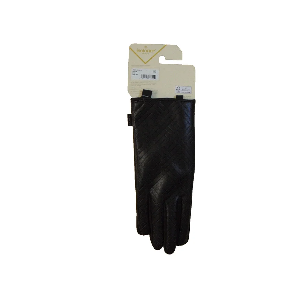 Isotoner Womens Faux Leather Gloves Black L/XL Tab Detail smartDRI NWT